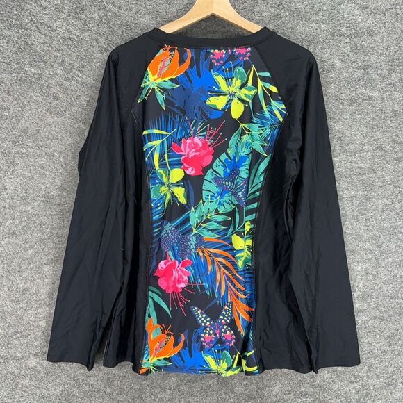 Unbranded Rash Guard Women 3XL Black Floral Long Sleeve Crew Neck Swimsuit - Picture 2 of 6